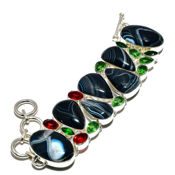 Banded Agate Gemstone Handmade Bracelet 925 Sterling Silver Overlay - Picture 1 of 1